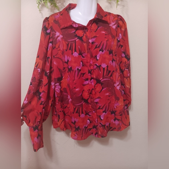 Red and Pink Puff Sleeve Blouse with Notched Collar - Picture 3 of 14
